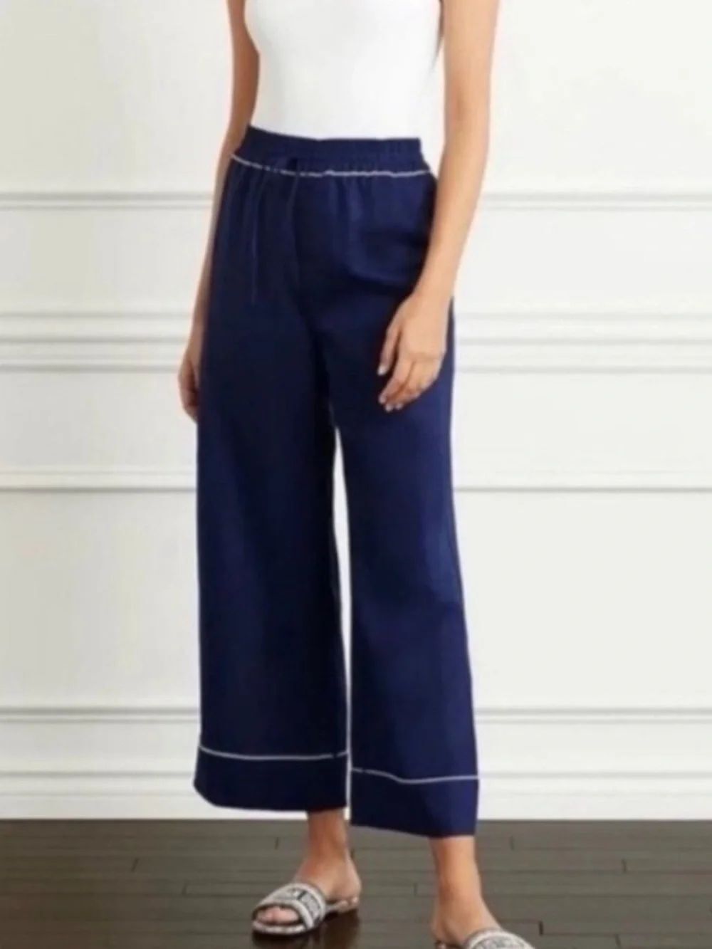 Hill House The Skylar Navy Blue Linen Wide Leg High Rise Pants Small